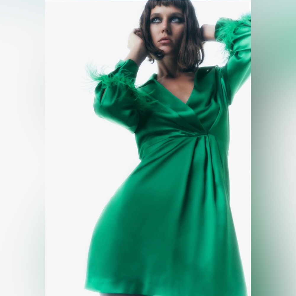 NEW NWT ZARA Green Silk Mini Ostrich Feather Dress XS Formal New Year’s Eve NYE